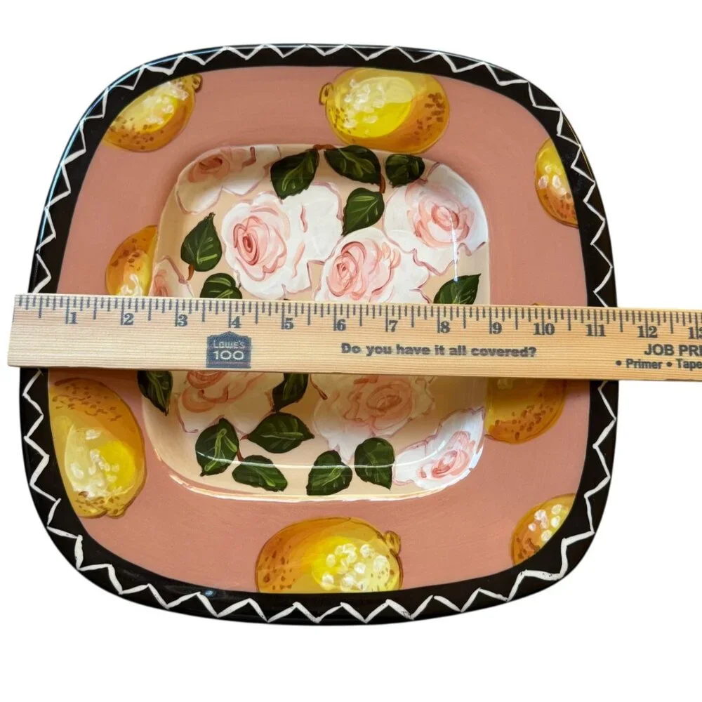 Droll Designs Hand Painted Ceramic Square Bowl‎ Pink Roses Yellow Lemons 11.5